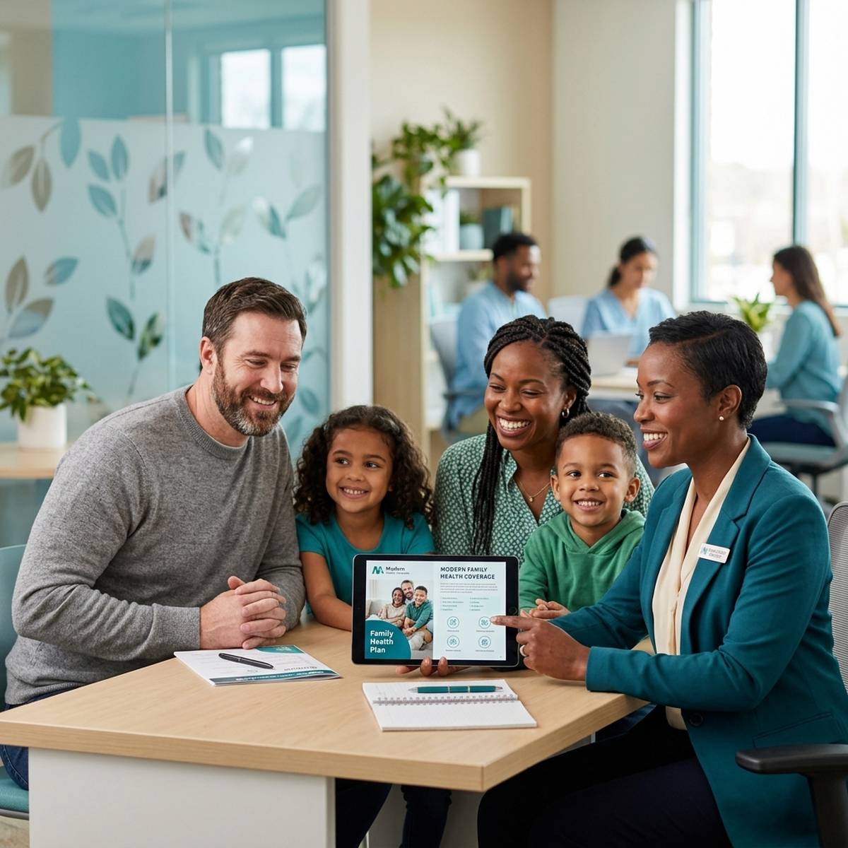 Happy family receiving health insurance guidance from a professional advisor