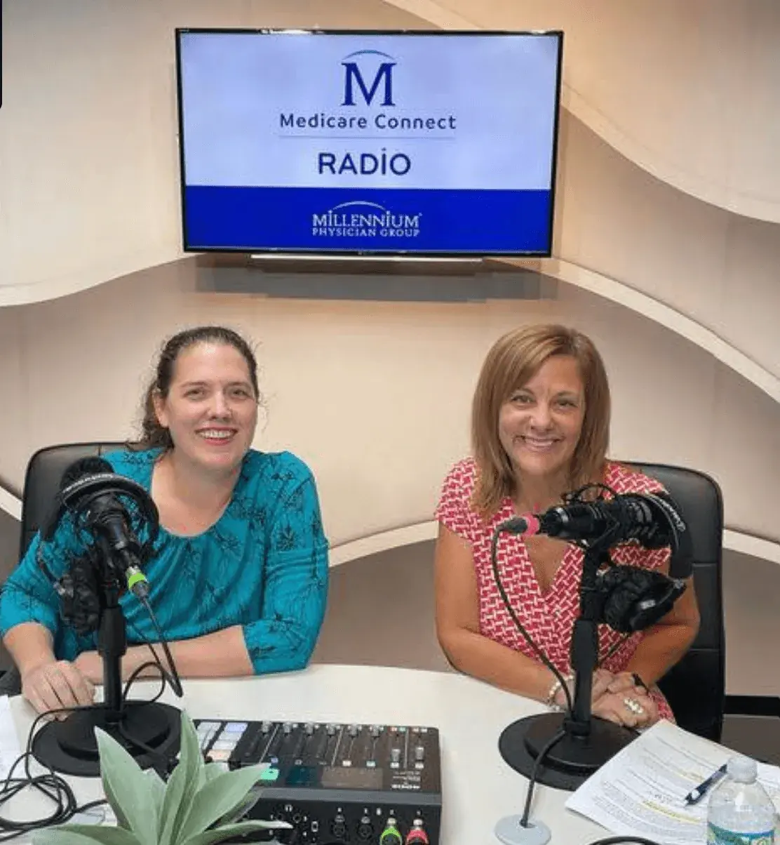 Kate Spilsbury recording an episode of Medicare Connect Radio with a co-host